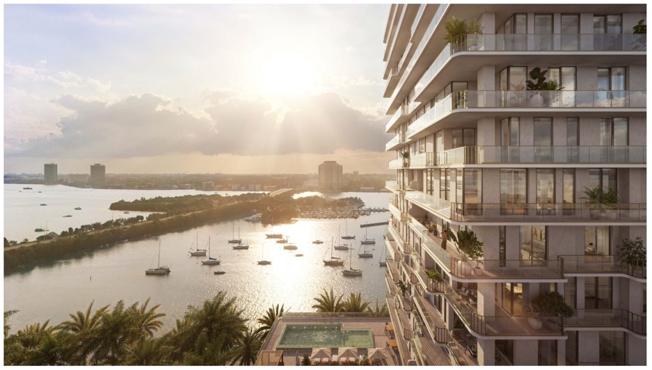 Sunset view of Tula Residences building overlooking Biscayne Bay